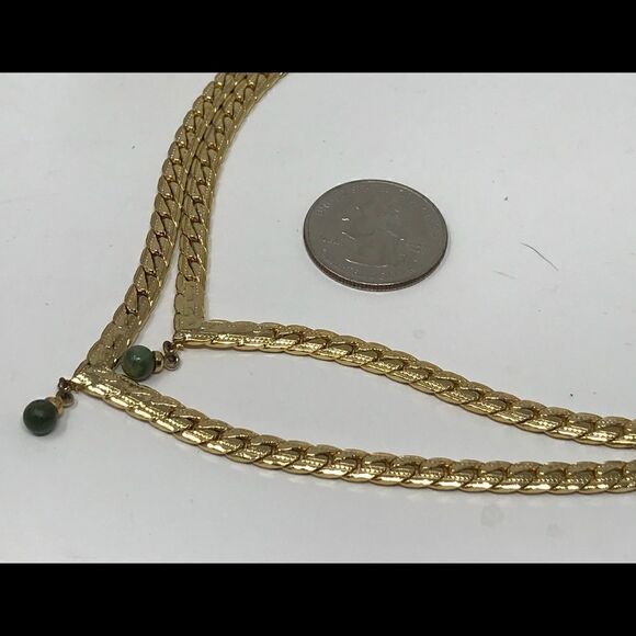 Gold tone double necklace with Jade drops. - Picture 3 of 9